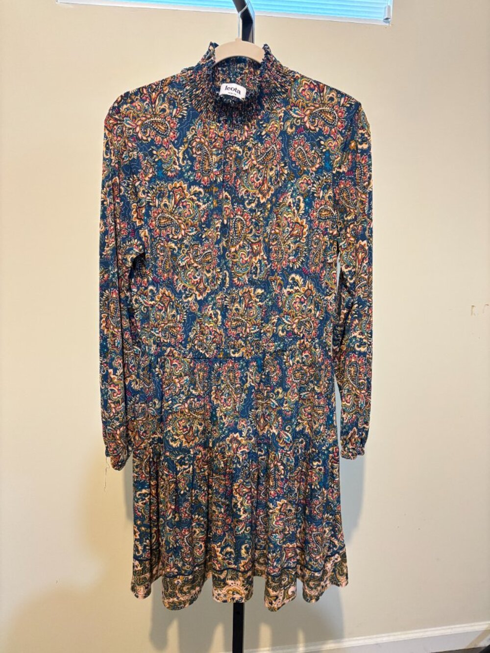 Leota Teal Blue Paisley Smocked Ruffle Neck Long Sleeve Tiered Dress - Picture 3 of 12